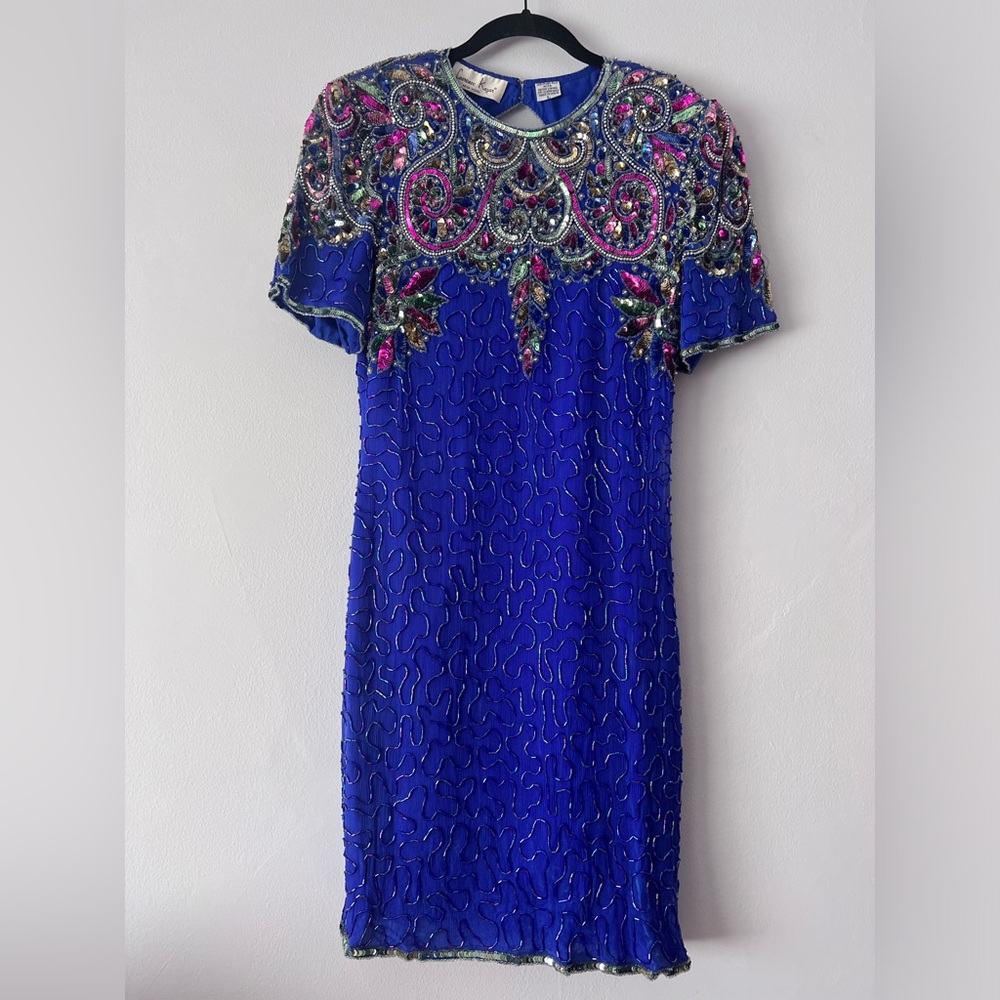 Vintage 80's Laurence Kazar New York Silk Sequin Beaded Dress Large